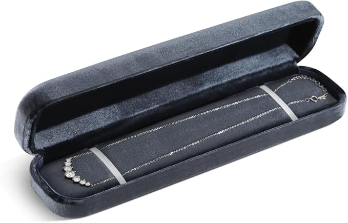 Resilient Velvet Ring Earrings Bracelet Necklace Display Box, Travel Mini Jewelry Organizer Case (Gray, Long Chain Box)