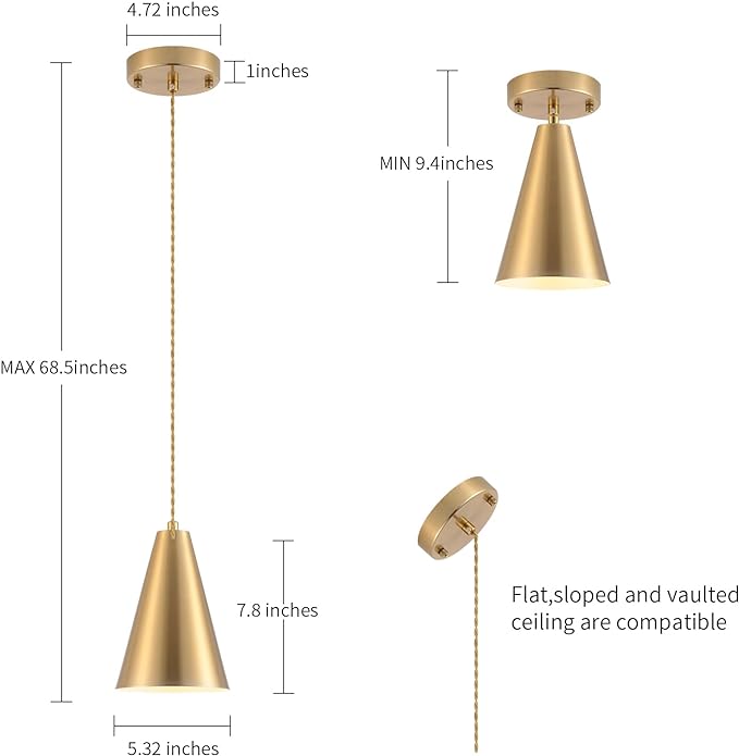 Gold Pendant Lights Kitchen Island,Dining Room Light Fixtures Over Table 3 Pack with Brushed Brass Cone Metal Shade, Modern Farmhouse Mini Chandeliers,Adjustable Cord Hanging Lighting for Bar,Sink