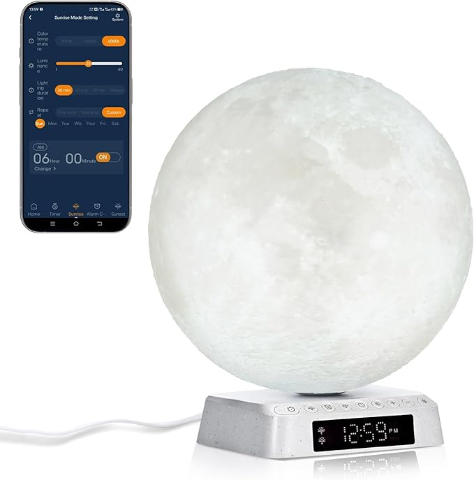 Moon Clock Light Alarm Clock Wake up Lamp Cute Aesthetic Alarm Clock Nightstand lamp UV-Free LED Sunrise lamp for bedrooms Built-in White Noise APP Control Bioclock Adjustment
