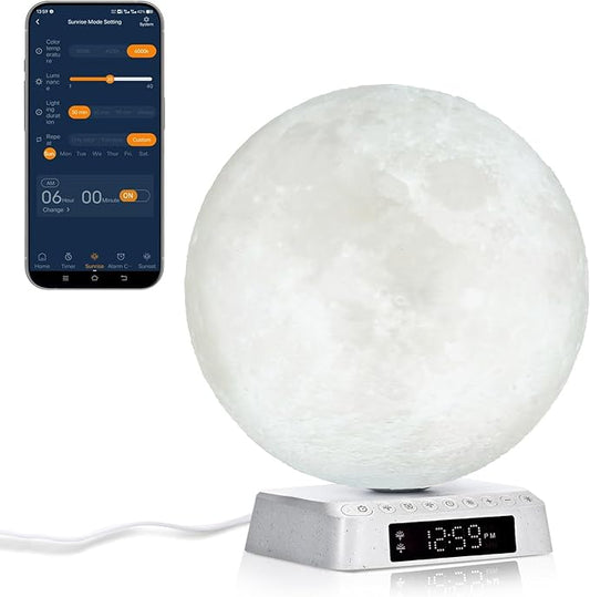 Moon Clock Light Alarm Clock Wake up Lamp Cute Aesthetic Alarm Clock Nightstand lamp UV-Free LED Sunrise lamp for bedrooms Built-in White Noise APP Control Bioclock Adjustment