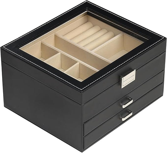 BOOVO Clear Lid Jewelry Box,3 Layers Jewelry Organizer Large Multi-Functional Jewelry Storage Box with 2 Drawers,Jewelry Display Case of Rings Earrings Necklace Bracelets for Women Girls (Black)