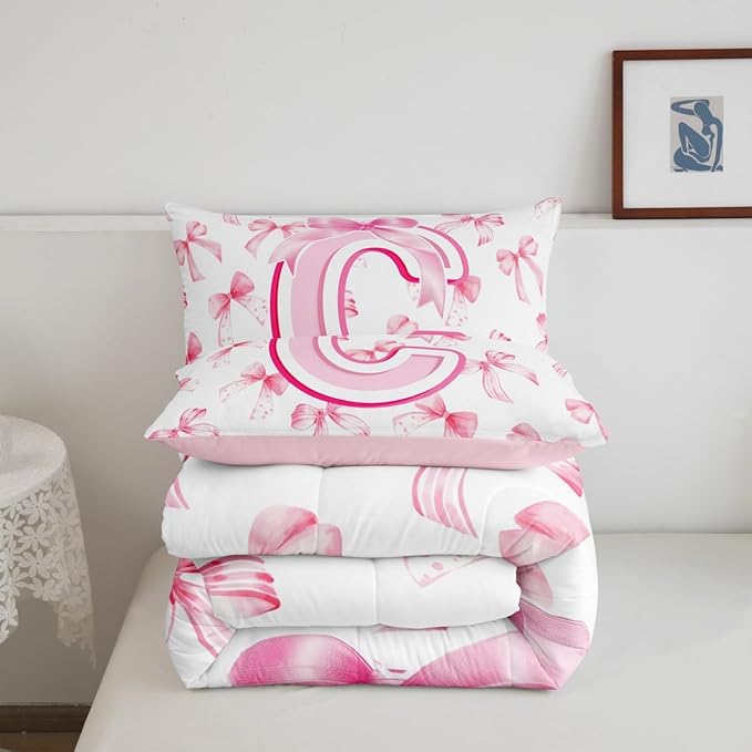 jejeloiu Kids Girls Cute Pink Bow Comforter Set Toddler Size Coquette Bow Knot Bedding Set Ultra Soft Personalized Initial C Duvet Quilt Monogrammed Quilt Set Room Decor Modern Fashion Comforter