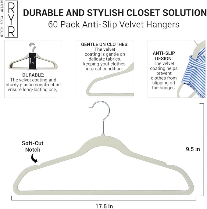 60 Pack Velvet Hangers - Non-Slip and Space-Saving Closet Organizers - Durable Soft-Touch, White Hangers for Clothes, Coats, and Wardrobe Essentials Luxury, Ganchos De Ropa, Gift