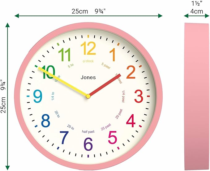 JONES CLOCKS® Kids Wall Clock | Small Modern Children’s Clock | 10 inch | Pink | Colourful Numbers | Learn to Tell The time