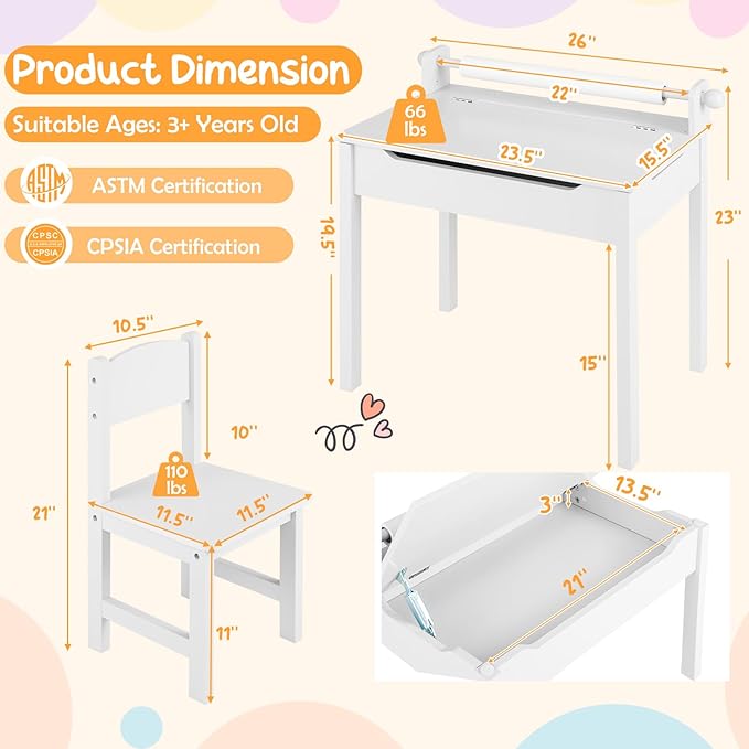 Costzon Kids Table and Chair Set, Flip Top Kids Art Craft Table w/Chair for Playroom Kindergarten, Toddler Drawing Writing Desk Set w/Paper Roll & 2 Markers, Gift for Boys Girls Ages 3+ (White)
