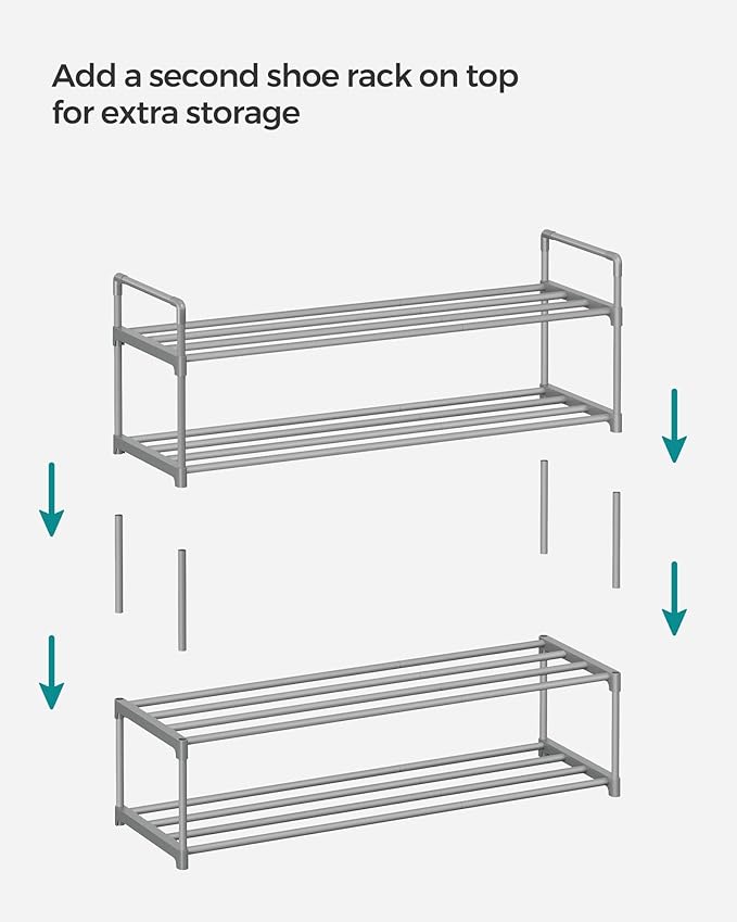 SONGMICS Shoe Rack, 2-Tier Shoe Organizer, Metal Storage Shelf, Upright or Upside Down, for 12-15 Pairs, Stackable, for Entryway, 11.8 x 36.2 x 13.4 Inches, Gray ULSA012G01