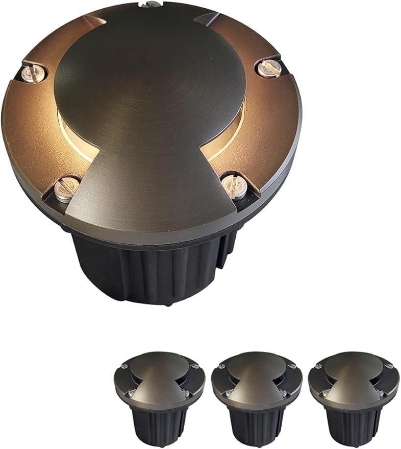 MALORY Brass Top Cover Landscape Well Lights,(5''H) 12V Low Voltage Outdoor In Ground Lights,Landscape Lighting for Pathway, Driveway and Garden (Two-Direction Turret, 4-Pack Without Bulb)