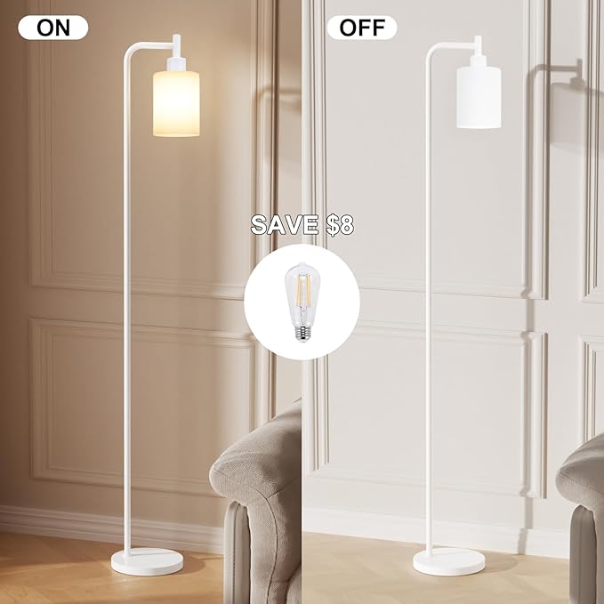 Floor Lamps for Living Room - Industrial Standing Lamp with Glass Shade, Modern White Floor Lamp with LED Bulbs, Farmhouse Floor Lamp for Bedroom, Tall Lamp for Office - White