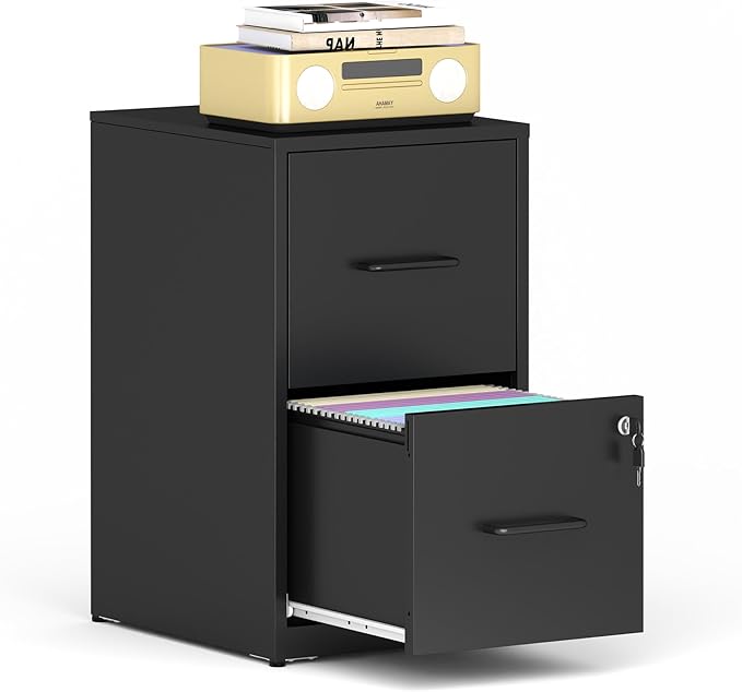 File Cabinet, Vertical File Cabinets with Lock for Home Office,Heavy Duty Office Steel Filing Cabinet for Hanging Letters/Legal/A4, Assembly Required (Black, 2 Drawers-Small)