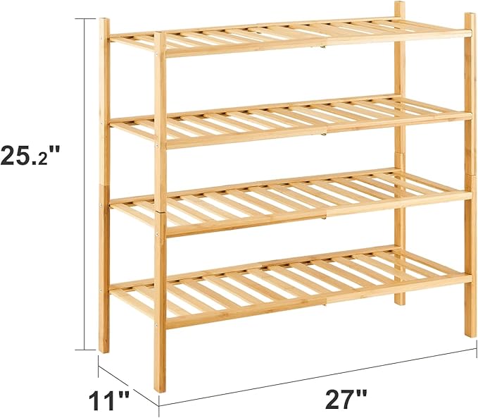 4-Tier Bamboo Shoe Rack for Entryway, Stackable | Heavy Duty | Multi-Function, Free Standing Shoe Racks for Bedroom Hallway Closet