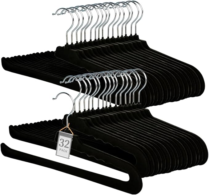 Velvet Pants Hangers - 32 Pack Black Non Slip Felt Slim & Sleek Heavy Duty Space Saving Closet Hangers with 360 Swivel Hook for Trousers, Shorts, Jeans, Suits, Towels