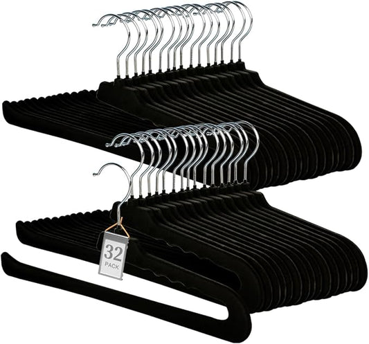 Velvet Pants Hangers - 32 Pack Black Non Slip Felt Slim & Sleek Heavy Duty Space Saving Closet Hangers with 360 Swivel Hook for Trousers, Shorts, Jeans, Suits, Towels