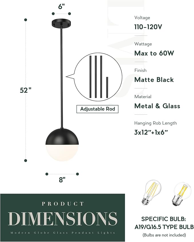 LMS 8-inch Modern Globe Pendant Light Frosted Glass with Black Finish Contemporary Mid Century Adjustable Hanging Light Fixture for Living Room Bedroom Kitchen LMS-186
