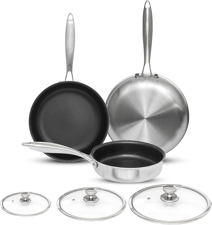AUDANNE Nonstick Frying Pan Set Stainless Steel with Lid 6 Piece, 8 inch &10 inch & 12 inch Non Stick Fry Skillet PFOA Free, Oven Safe Non-stick Teflon Coated Induction Cooking Kichen Cookware