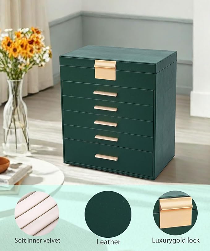 BOOVO Jewelry Box with Necklace Hanger – 6 layer Jewelry Organizer for Women with 5 Drawers, Large Jewelry Storage Boxes –Jewelry Organizers and Storage for Earrings, Necklaces (Green, 6 layer)