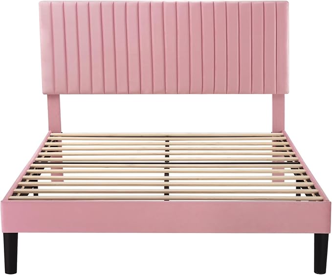 Allewie Queen Bed Frame, Velvet Upholstered Platform Bed with Adjustable Vertical Channel Tufted Headboard, Mattress Foundation with Strong Wooden Slats, Box Spring Optional, Easy Assembly, Pink