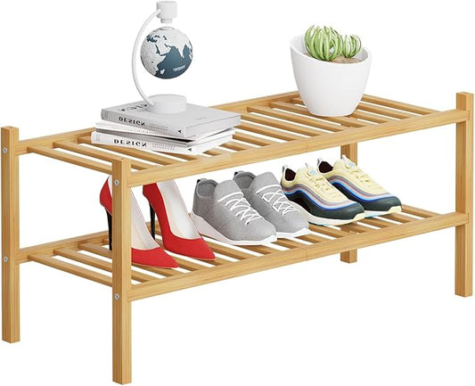 2 Tier Bamboo Shoe Rack Storage Organizer for Closet, Multifunctional Stackable Free Standing Shoe Shelf Organizer for Small Space,Entryway,Hallway,Bathroom 27"x11"x13"(Natural, 2 Tier)