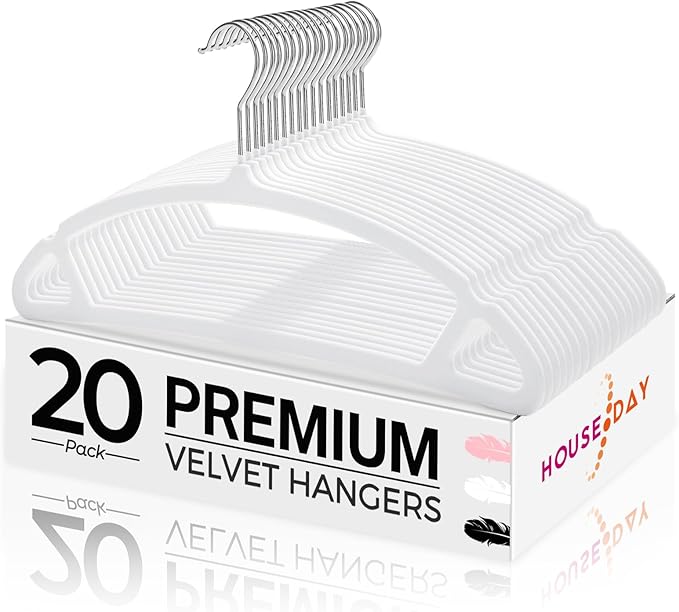 HOUSE DAY White Velvet Hangers 20 Pack, Luxury Non Slip Felt Hangers, Space Saving White Clothes Hanger Heavy Duty, No Shoulder Bump Focked Hanger with 360° Swivel Hook for Closet