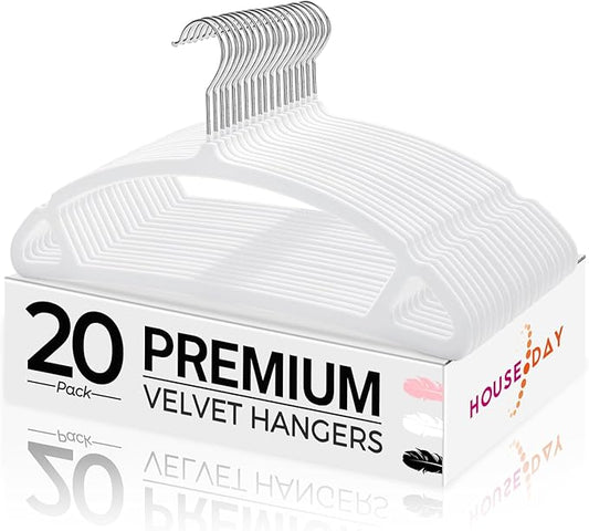 HOUSE DAY White Velvet Hangers 20 Pack, Luxury Non Slip Felt Hangers, Space Saving White Clothes Hanger Heavy Duty, No Shoulder Bump Focked Hanger with 360° Swivel Hook for Closet