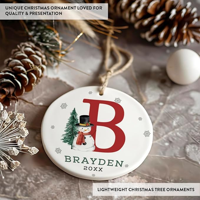 Andaz Press Personalized Christmas Ornament, Custom Name, Initial B Monogram Snowman 2.8" Ceramic Porcelain 2025 Christmas Ornament Keepsake for Kids, Boys, Girls, 1-Pack Initial Ornaments