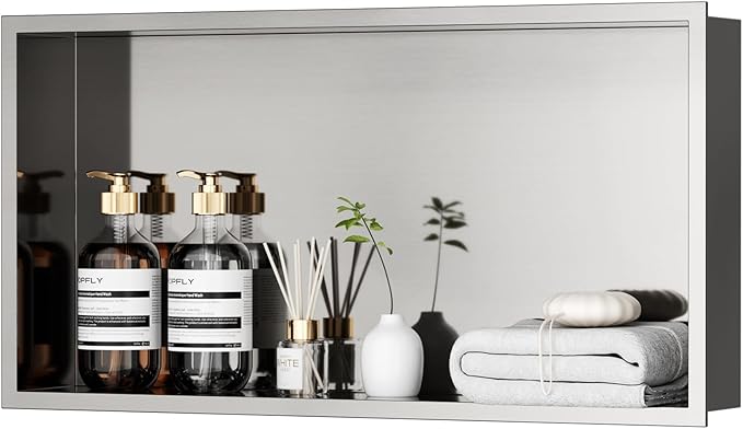 POPFLY 24X12 Inch Shower Niche Shelf, Brushed Nickel Shower Niche Stainless Steel, No Tile Needed Bathroom Storage Shelfs Recessed Wall Niche