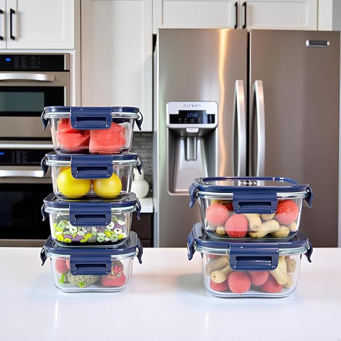 Square Glass Food Storage Containers With Lids，2 Cup Square Glass Containers With Lids, Small Food Containers, 16 oz Leak-proof lunch Bowls, Dishwasher Microwave Freezer Safe -(Dark Blue)