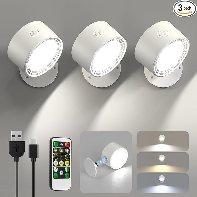 LED Wall Sconces 3 Pcs with Remote, Wall Mounted Lights Rechargeable Battery Operated, 3 Color Temperatures & Dimmable Wall Lamp Magnetic 360° Rotation Wireless Light for Bedroom Living Room