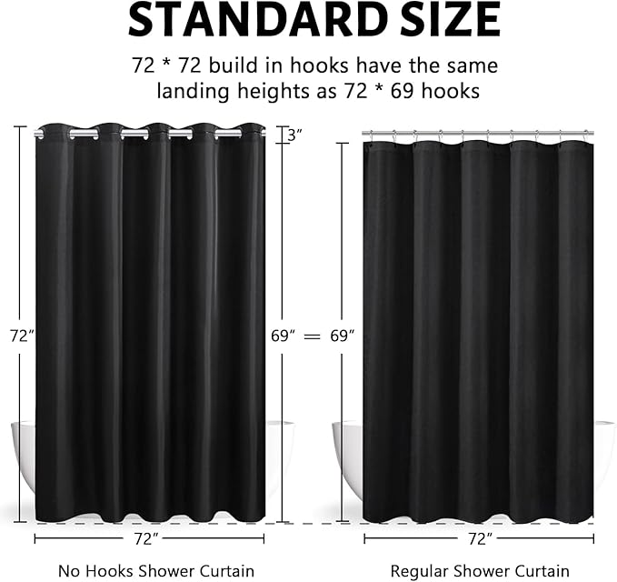 Black No Hook Shower Curtain,Polyester Fabric Shower Curtains for Bathroom with 10 Split Grommets,Waterproof & Machine Washable,Modern Hotel Grade,Standard Size,72x72 Inch