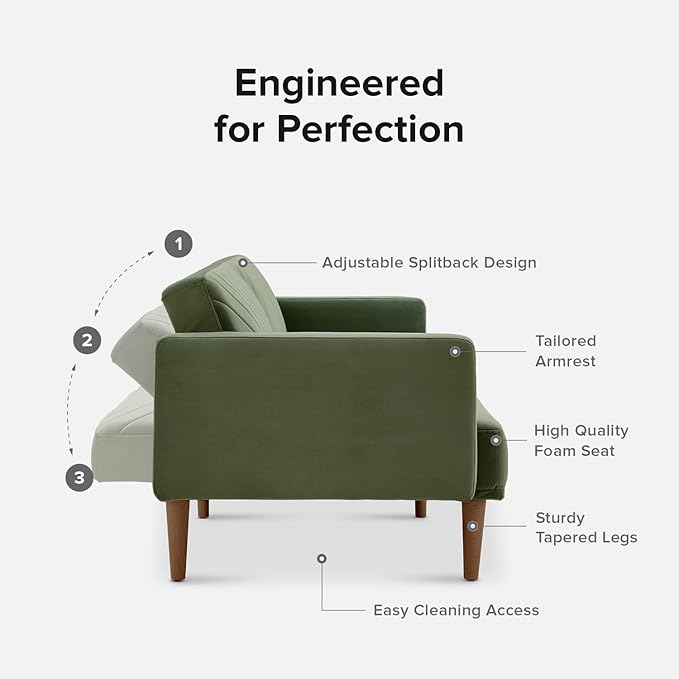 mopio 76.8" Futon Sofa Bed, Small Couch, Sleeper, Loveseat, Mid Century Modern Futon Couch, Sofa Cama, Couches for Living Room (Olive Green Premium Velvet)