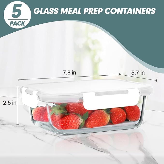 30 oz 5 Pack Glass Meal Prep Containers, Glass Storage Containers with Lids - Dishwahser, Microwave, Oven and Freezer Safe, White