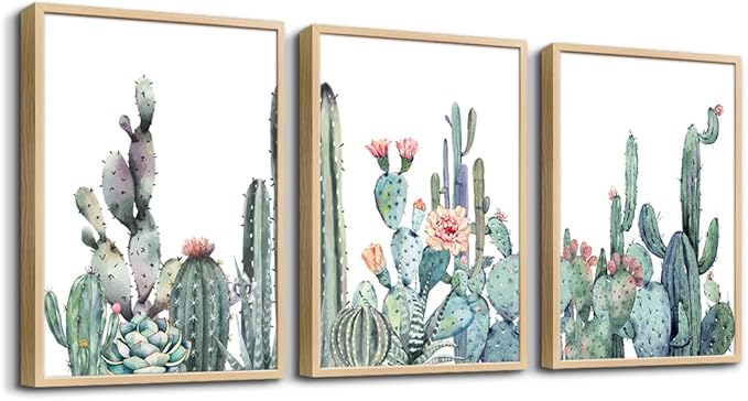 Framed Wall Art For Living Room Wall Decor Bedroom Wall Picture Artwork Of 3 Piece Green Plants Succulent Cactus Flower Painting Ready To Hang Modern Kitchen Home Decoration (Natural Wood Framed)