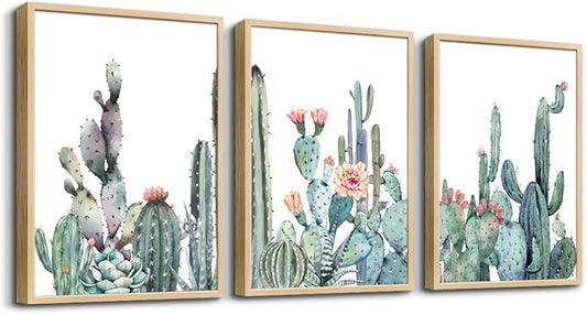 Framed Wall Art For Living Room Wall Decor Bedroom Wall Picture Artwork Of 3 Piece Green Plants Succulent Cactus Flower Painting Ready To Hang Modern Kitchen Home Decoration (Natural Wood Framed)