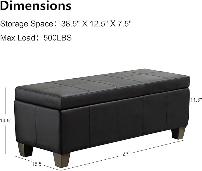 Black Faux Leather Ottoman with Storage, Rectangular Extra Long Storage Bench for Bedroom and Living Room
