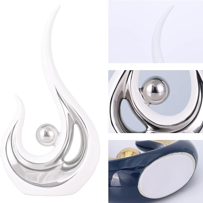 DOVDOV Abstract Ceramic Statues Set of 2, Silver and White Home Decor, Modern Classic Art Statues with Plated Gold Accents