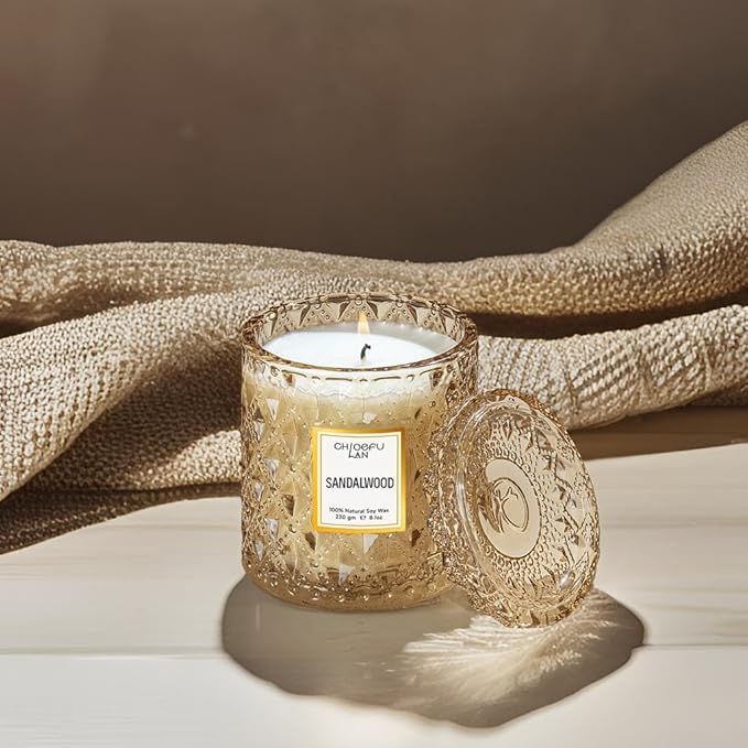 Chloefu LAN Sandalwood Candle, Dad Gifts Candle, Natural Soy Scented Candles for Stress Relief, 55 Hours Lasting Burning, Great Gift for Women & Men