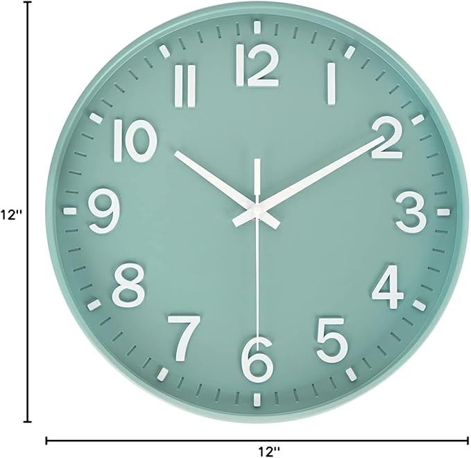 HZDHCLH Modern Quartz Wall Clocks Battery Operated,12 inch Silent Non Ticking 3D Numbers Round Clock for Wall, Green Wall Clock for Kitchen Bedroom Living Room Office Classroom Decor