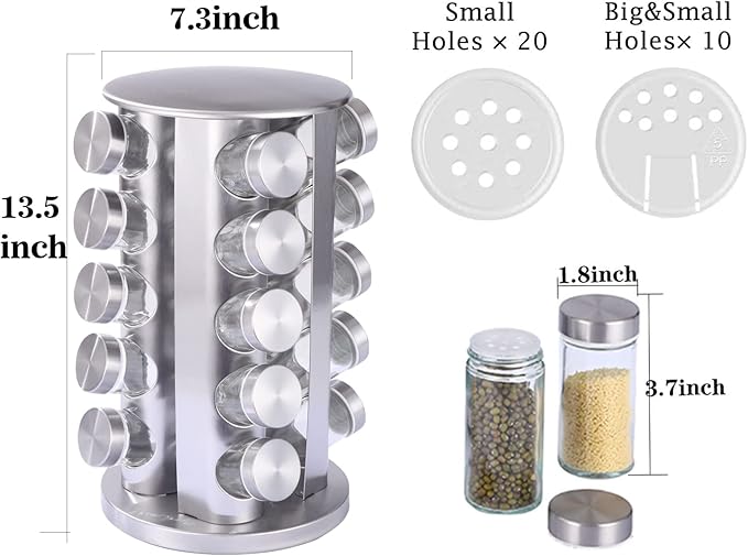 KALINCO Rotating Spice Rack Organizer, Revolving Spice Rack for Cabinet, Stainless Steel Spice Organizer with Jars(20-Jar)
