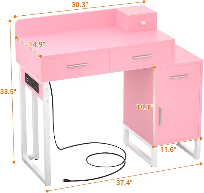 Vanity Desk with 4 Storage Drawers - Modern Makeup Vanity Table with Charging Station, Pink Vanity Desk with Reversible Cabinet Dressing Table Set with Divided Organizers for Women Girls, Pink & White