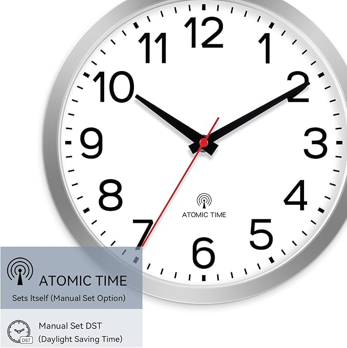 AKCISOT Atomic 10 Inch Wall Clock Analog Clocks for Indoor Kitchen, Battery Operated Clock for Bedroom Office Classroom Living Room(Silver)