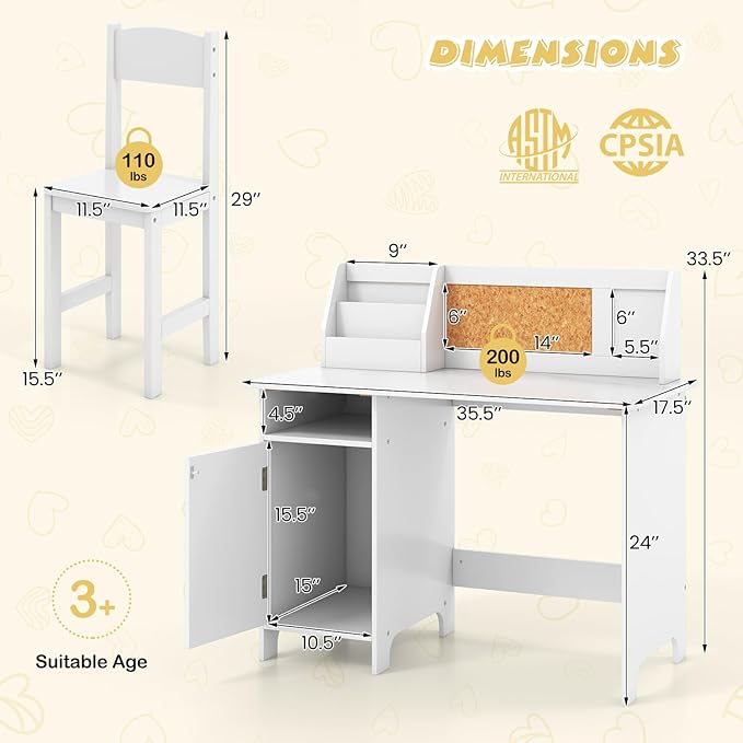 Costzon Kids Desk and Chair Set, Wooden Children Study Table with Storage, Hutch, Cork Bulletin Board, Whiteboard & Marker, Student Computer Workstation Writing Desk for Kids Bedroom, School, White