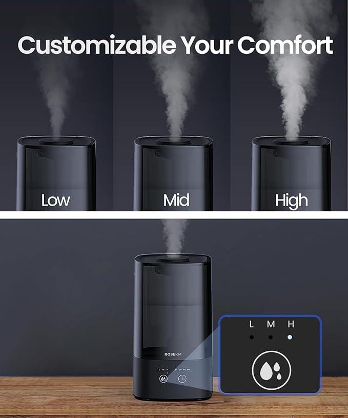 4.5L Humidifiers for Bedroom, Humidifiers for Home Large Room, Cool Mist Humidfiers for Baby and Plant with Timer, Adjustable Mist Level, 360° Nozzle, Auto Shut-Off, Black