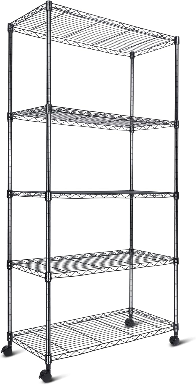 Whitmor 5 Tier Shelving Unit, Adjustable Storage Shelves with Wheels, 400 lbs Capacity per Shelf, Max 2000 lbs Total for Pantry, Kitchen, Garage, 30" L x 14" W x 60" H, Black