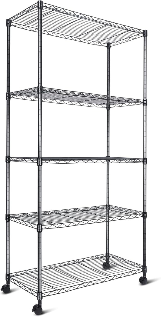 Whitmor 5 Tier Shelving Unit, Adjustable Storage Shelves with Wheels, 400 lbs Capacity per Shelf, Max 2000 lbs Total for Pantry, Kitchen, Garage, 30" L x 14" W x 60" H, Black