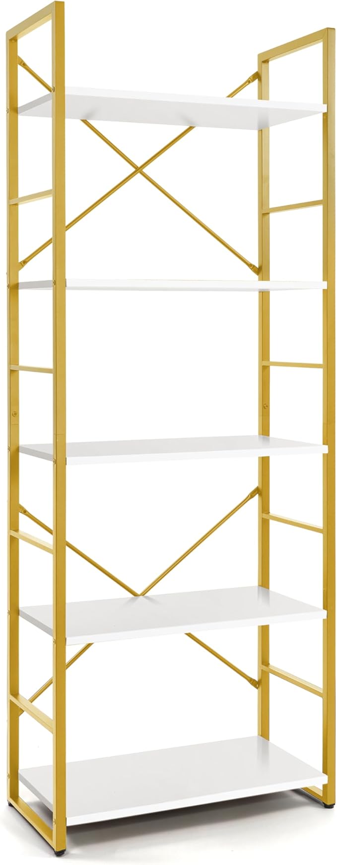 CAPHAUS 5 Tier Bookshelf, 24 Inch Width Free Standing Shelf, Bookcase Shelf Storage Organizer, Industrial Book Shelves for Home Office, Living Room, Kitchen, White Wooden Shelves & Gold Frame