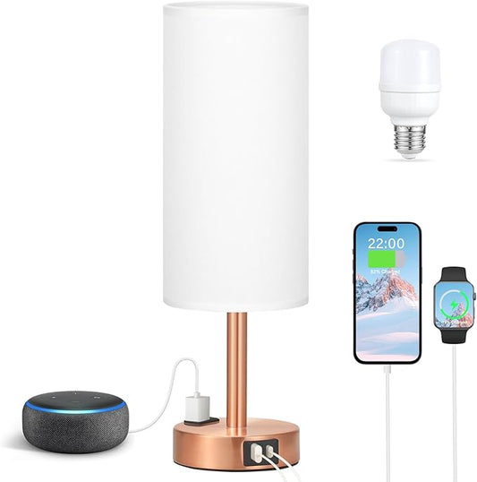 Bronze Nightstand Bedroom Lamp - 3 Way Dimmable Bedside Lamp USB C A Charging Ports and AC Outlet, Small Table Lamp White Linen Lampshade for Desk, LED Bulb Included