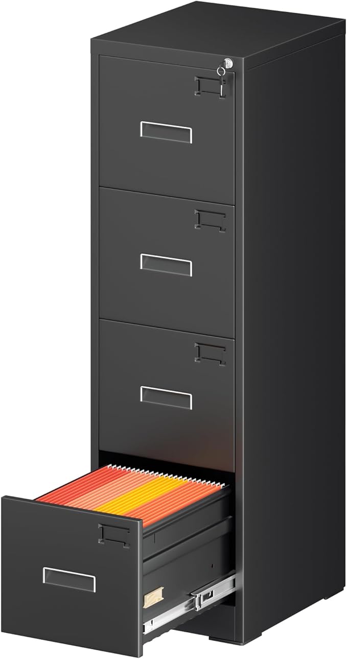 Greenvelly 4 Drawer File Cabinet,Locking Metal Vertical File Cabinet,Office Steel Filing Cabinet for Hanging Letter/Legal Folders,Assembly Required,Black,18" D x 15" W x 52" H