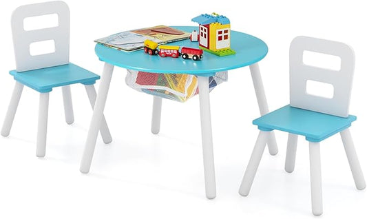 Costzon Kids Table and Chair Set, Wood Activity Table w/Center Mesh Storage, Children Furniture Gift for Boys & Girls, Ideal for Arts, Crafts, Snack Time, Homework, Toddler Table and Chair Set, Blue