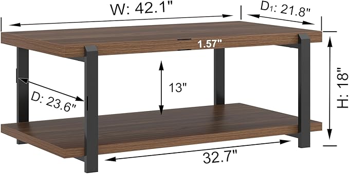 FOLUBAN Modern Coffee Table with Storage Shelf, Rustic Wood Center Table for Living Room, Walnut