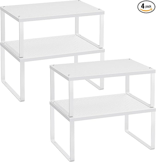 SONGMICS Spice Racks, Set of 4 Metal Cabinet Shelf Organizers, Countertop Organizers, Shelf Risers, Stackable, Expandable, White UKCS006W01