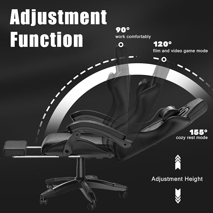 Gaming Chair with Footrest, High Back Ergonomic Computer Gamer Chair with Headrest and Lumbar Support, Racing Style Reclining Game Chair for Adults, Kids (Black)